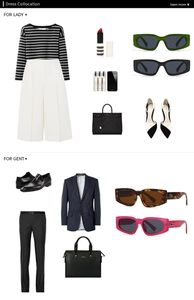 Flat lay of square sunglasses paired with stylish outfits for both men and women