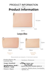 Size chart showing large, medium, small PU makeup bags with dimensions and product specs