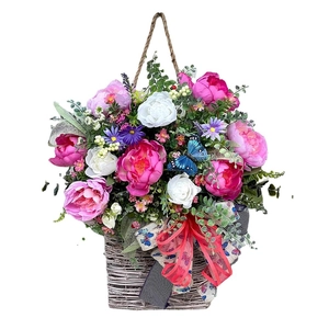 Hanging flower basket with pink peonies, blue butterflies, and a red bow for home decor
