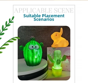 Close-up of cute green cactus and rabbit LED night lights showing soft warm glowing effect