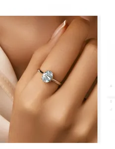 Detail shot of an oval-cut light blue stone ring set in S925 silver on model's finger