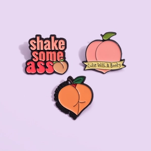 Three-piece set of enamel peach fruit brooches with funny English typography slogans