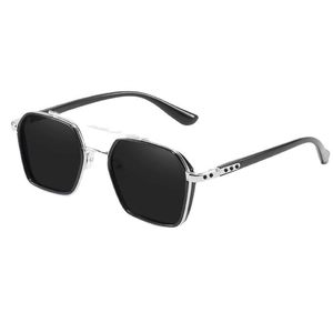 Retro square frame sunglasses with black lenses and silver metal temple accents