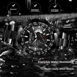 Dynamic water splash scene showing the waterproof durability of this black steel watch