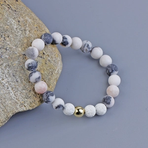 Natural Pink Zebra Stone Beaded Bracelet With White Lava Rock And Gold Metal Bead Elastic Fashion Jewelry For Men