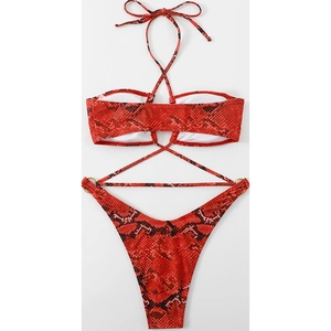 Red snake print halter bikini set with criss-cross waist ties and metal ring details