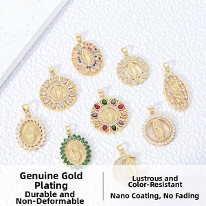Detailed flat lay of gold-plated Virgin Mary pendants with colorful zircon stones