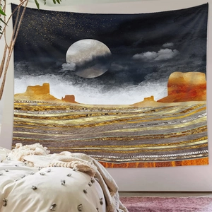 Detailed view of an abstract mountain and moon tapestry hanging in a cozy bedroom
