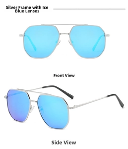 Detail view of silver metal aviator sunglasses with ice blue polarized lenses