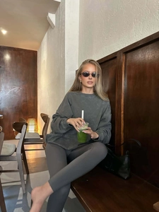 Vintage dark gray drop-shoulder sweatshirt and matching high-waist yoga pants set