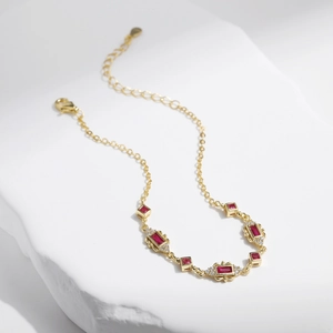 French vintage s925 silver bracelet with red ruby gemstones and sparkling diamonds