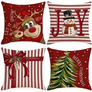 Set of 4 Christmas pillow covers with reindeer and snowman patterns for sofa decor