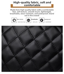 Close-up of black quilted leather texture showing durable, breathable, and waterproof features