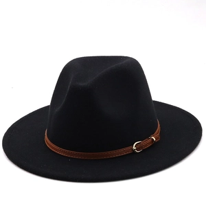 Detail of classic black wool fedora featuring a brown leather belt with gold buckle