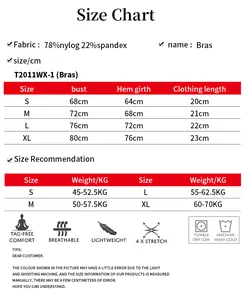 Size chart for women's sports bra showing measurements for S-XL in nylon and spandex