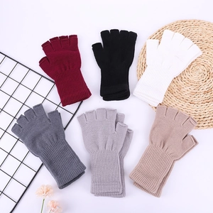 Set of six colorful autumn winter acrylic knit fingerless long gloves for women