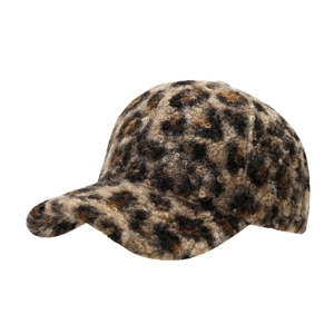 Women's leopard print plush baseball cap with warm fuzzy fabric and curved brim