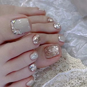 Champagner Glitzer Strass Künstliche Zehennägel Zum Aufdrücken Herz Diamant Luxus Falsche Fußnägel Für Frauen