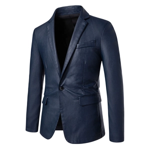 Veste blazer pour homme en similicuir bleu marine avec fermeture à un seul bouton