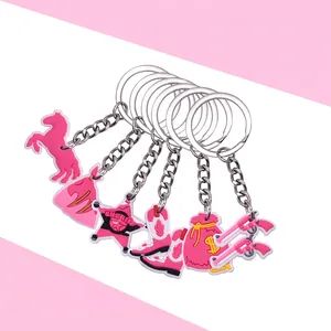 Pink Cartoon PVC Soft Glue Keychain Western Cowboy Boots Hat Sheriff Star Horse Heart Pattern Bag Pendant Decoration Gift