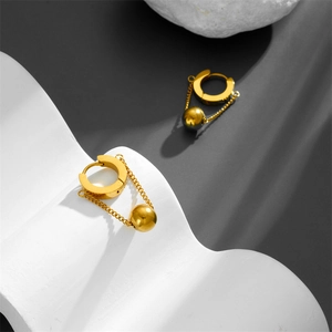 Geometric Hoop Earrings Stainless Steel With Ball Pendant Chain Minimalist Fashion For Women Gold Tone