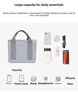 Detailed view of large capacity grey canvas bag showing organized storage for daily items
