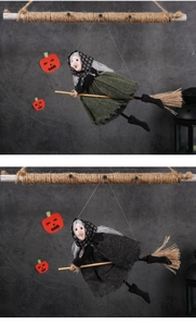 Detailed view of Halloween witch riding a broomstick pendant decoration on dark wall