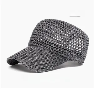Close-up of the grey mesh knit baseball cap showing breathable crochet texture for summer