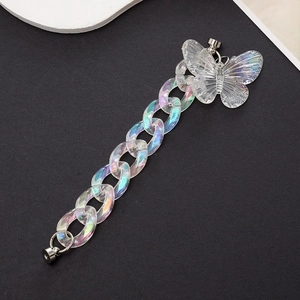 Detail of holographic acrylic butterfly chain with magnetic metal clasps and laser finish