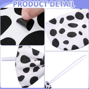 Macro view of dalmatian print fabric texture, stitching details, and elastic lanyard