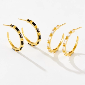 Elegant S925 sterling silver hoop earrings with rectangular cut black and clear zircon stones