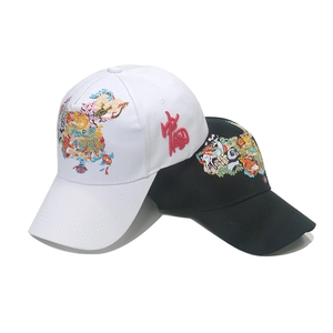 Embroidered Chinese style baseball cap featuring panda and cloud motifs in black and white