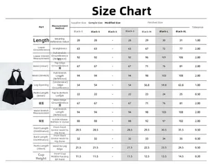 Detailed size chart for black three-piece striped bikini and sports shorts swimsuit set