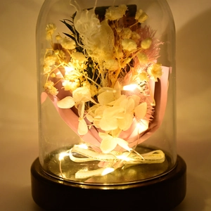 Close-up of pink and white preserved flowers with warm LED lights in a glass dome