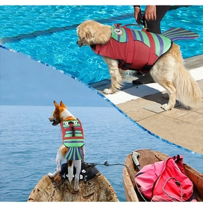Fish-shaped dog life jacket featuring a sturdy rescue handle and adjustable buckles for safety