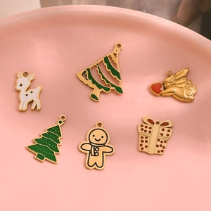 Christmas themed 14K gold plated stainless steel enamel pendants with deer and tree charms