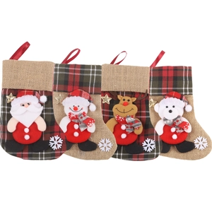 Set of 4 Christmas stockings with Santa, snowman, reindeer and bear in plaid burlap style