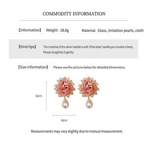 Detail view of pink flower pearl earrings with silver needles and 6cm x 4cm dimensions