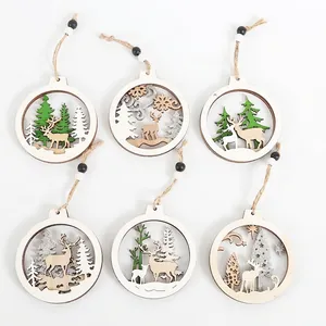 Set of 6 creative hollow wooden Christmas ornaments with reindeer and tree designs