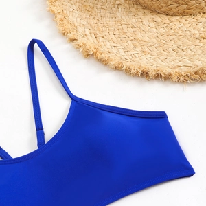 Detailed view of royal blue bikini top with fine straps next to a straw hat