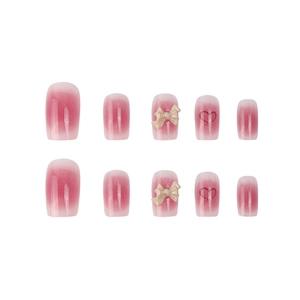 Pink gradient press-on nails set with 3D beige bows and red heart patterns