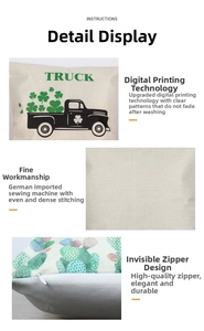 Close-up of Saint Patrick's Day linen pillowcase with clover truck print and hidden zipper