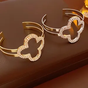 Luxury Fashion Four Leaf Clover Hollow Flower Open Cuff Bracelet Rhinestone Inlaid Metal Jewelry For Women