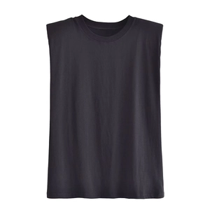 Women's Y2K style black round neck T-shirt with padded shoulders in a relaxed fit