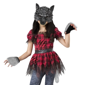 Kids werewolf cosplay costume set including grey mask red plaid dress gloves and tail