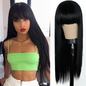 Long straight black synthetic hair wig with neat bangs for women's fashion styling
