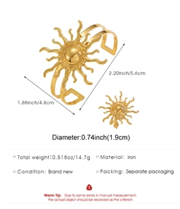 Especificaciones de tamaño para el conjunto de pulsera y anillo de sol en tono dorado