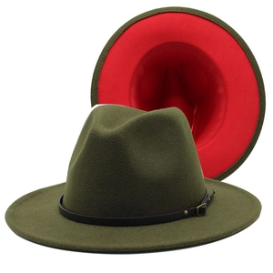Detail of wool fedora with olive green exterior, red interior and black leather belt