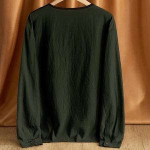 Army green heavyweight linen henley shirt with vintage texture and long sleeves