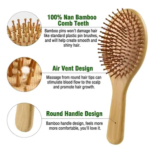 Natural bamboo paddle hairbrush with ergonomic handle and scalp massage bristles
